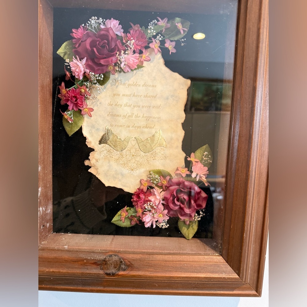 Vintage Wedding Shadow Box – Floral Art with Doves and Poetry – 15.5x13x2" - Picture 6 of 14